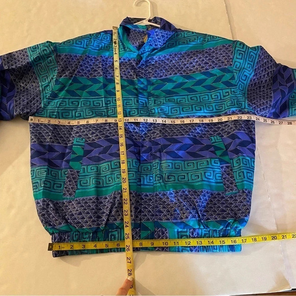 Vintage 80s 90s Silk Windbreaker Jacket Womens Medium Geometric Turquoise Blue - Picture 12 of 13